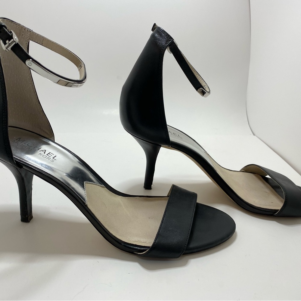 Michael Kors Black Leather High Heel Sandals Engraved Silver Accent Size 10